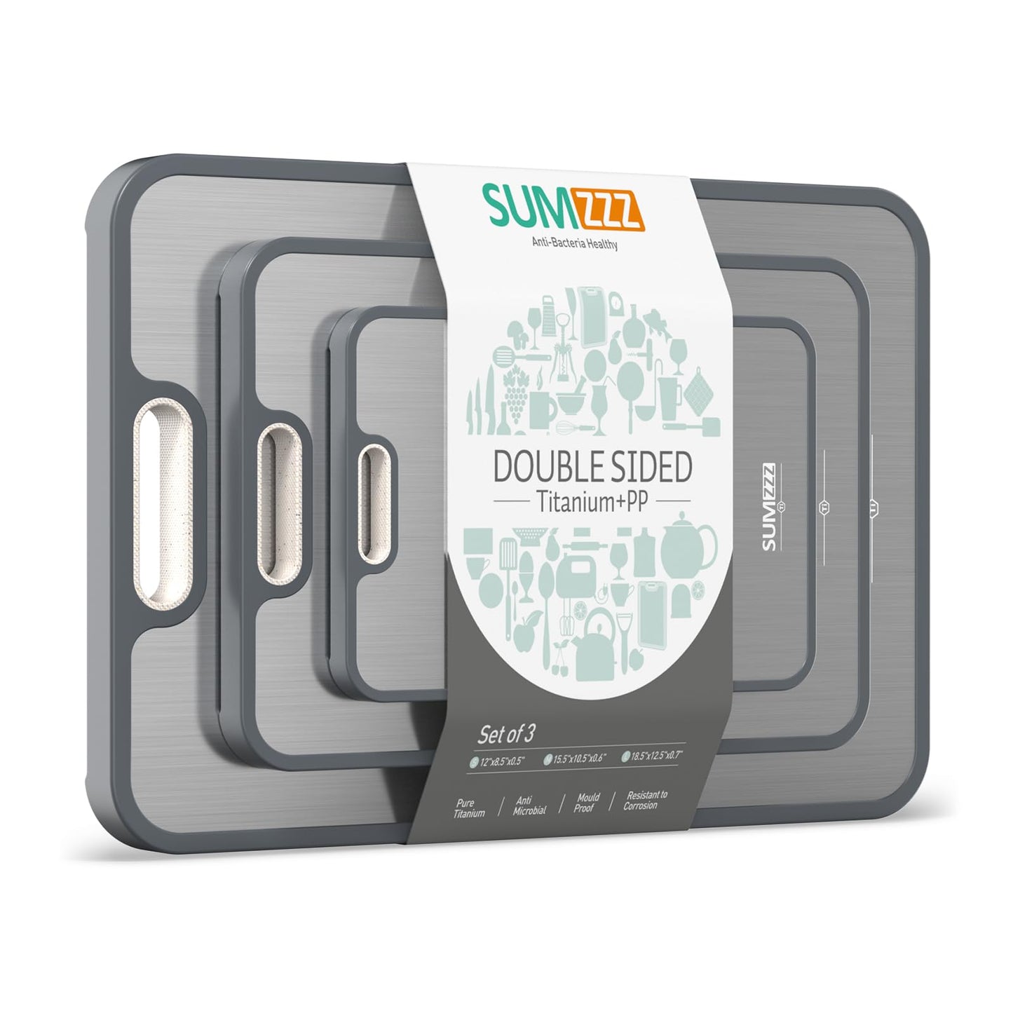 Sumzzz Titanium/PP 2-in-1 Cutting Board - Set of 3 (18" x 12.5", 15.55" x 10.79", 12" x 8.5"), Silver