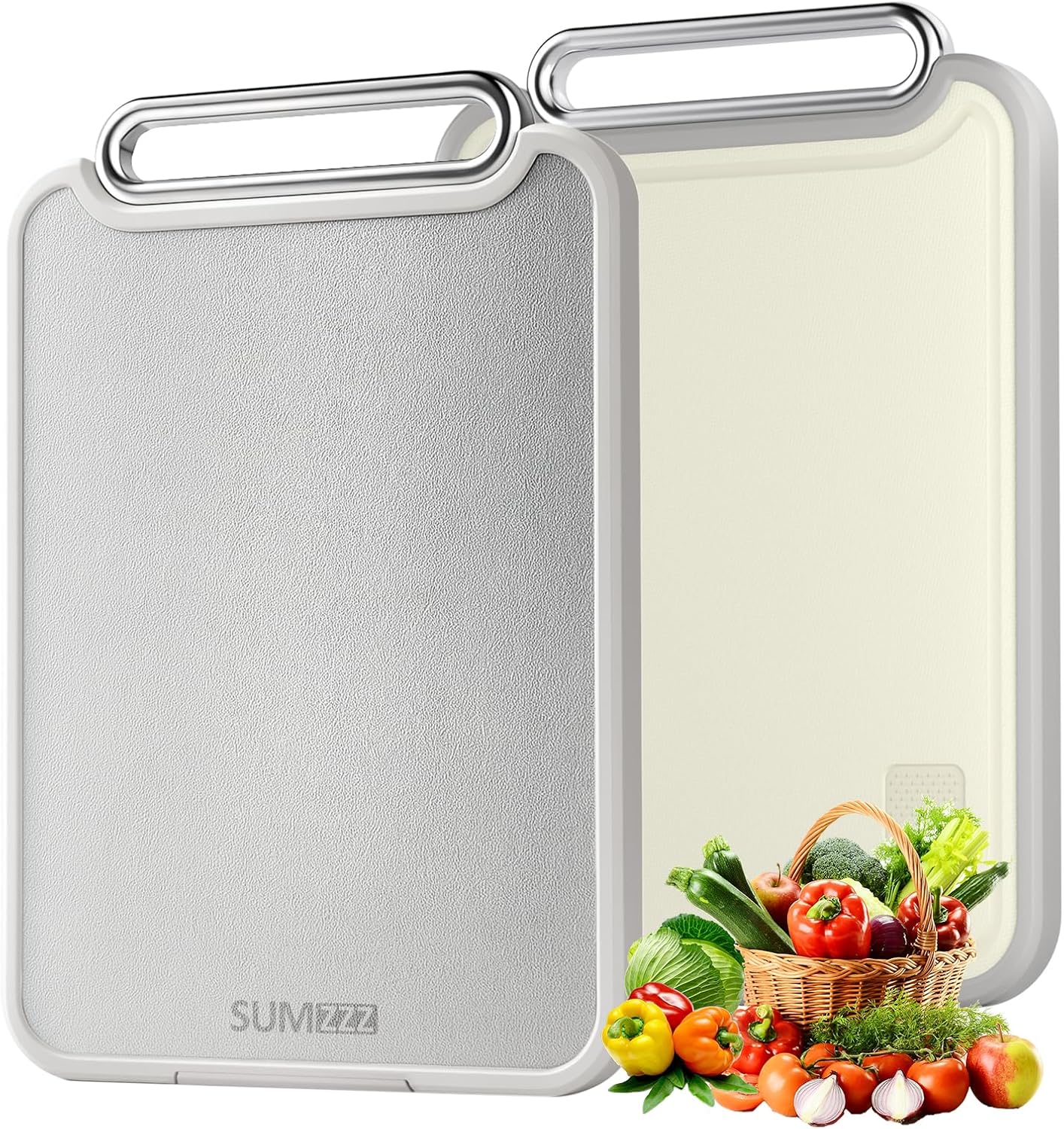 Sumzzz 2-in-1 Cutting Board - Side view showing dual-layer stainless steel and PP construction