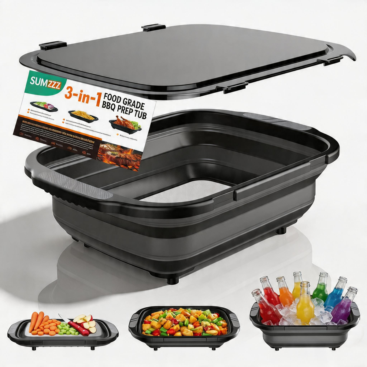 Sumzzz 2-in-1 Titanium Cutting Board with Collapsible BBQ Prep Tub - product overview, black, folded and unfolded view
