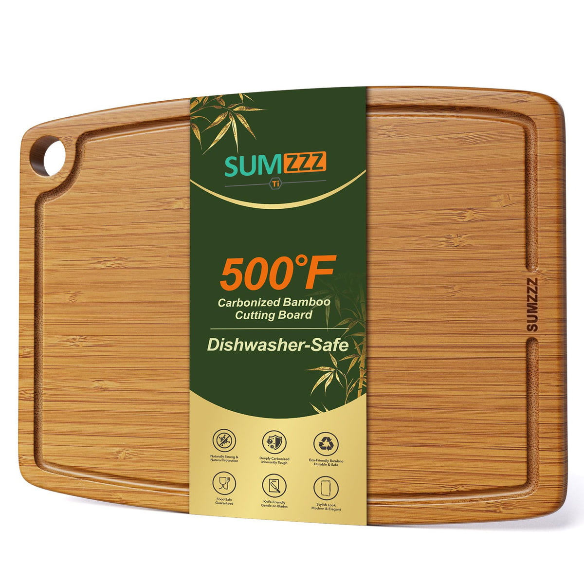 Sumzzz 500°F Carbonized Bamboo Cutting Board - Dishwasher Safe, product overview with packaging