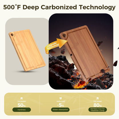 Bamboo Cutting Board Set of 3 - 500°F deep carbonized technology for durability
