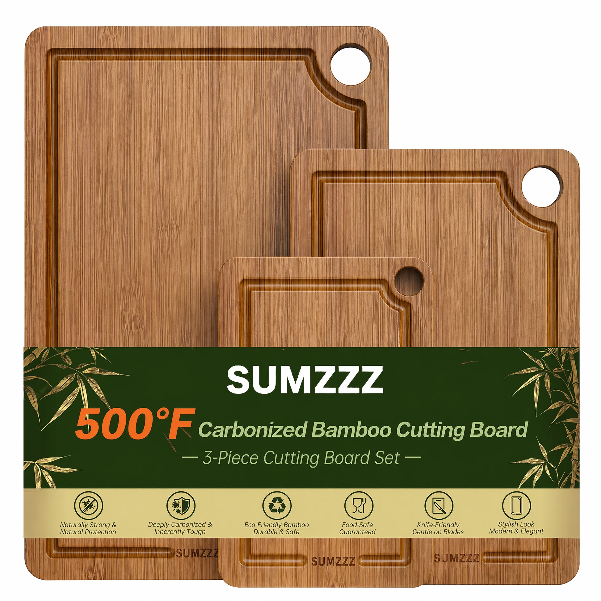 Sumzzz 500°F Carbonized Bamboo Cutting Board 3-Piece Set - product overview with packaging
