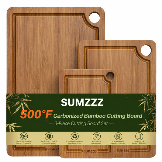 Sumzzz 500°F Carbonized Bamboo Cutting Board 3-Piece Set - product overview with packaging
