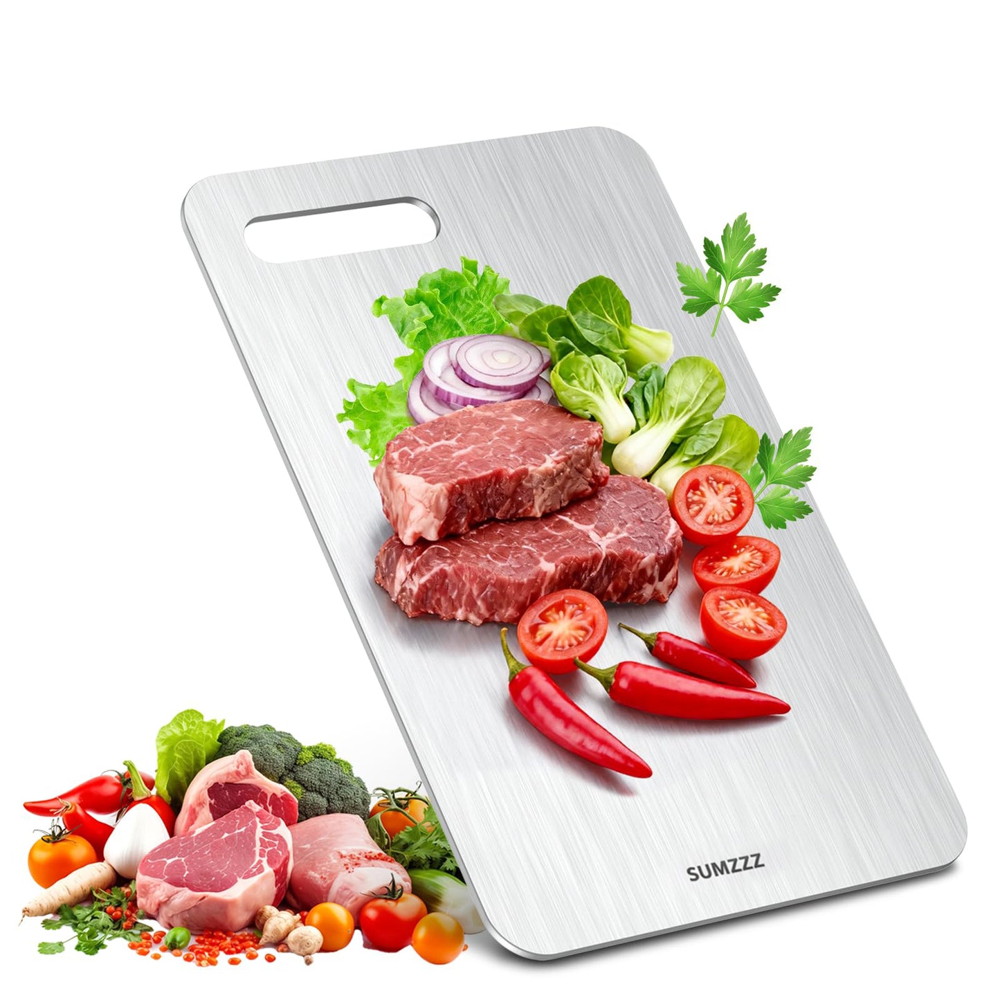 Titanium Cutting Board Set of 3 - Raw meat preparation on titanium surface
