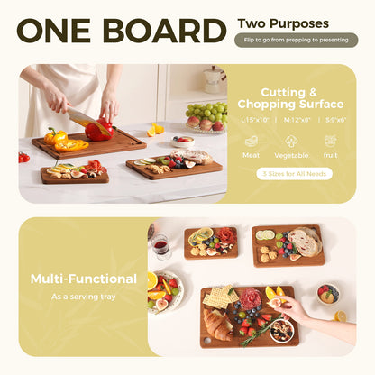 Bamboo Cutting Board Set of 3 - one board, multi-purpose, premium quality
