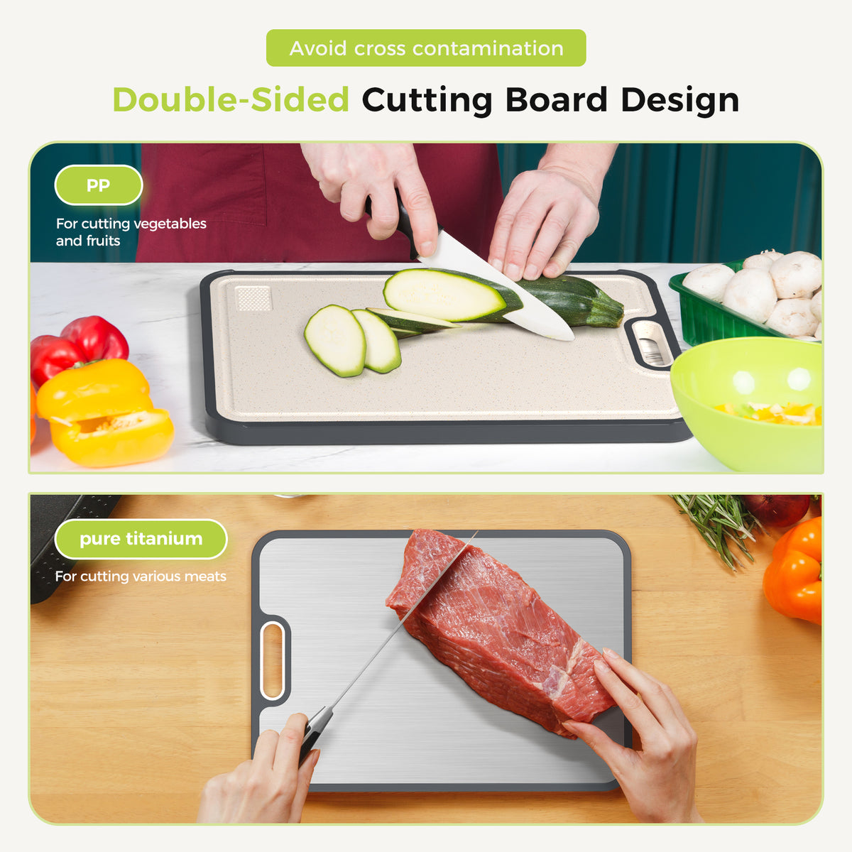 Titanium Cutting Board for Kitchen, Cutting Board Double Sided Food Grade, Pure Titanium/PP, Easy to Clean Large Size 16”×11”