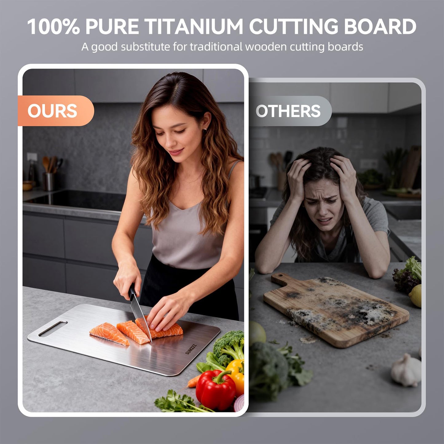 Sumzzz 100% Pure Titanium Cutting Board vs traditional wooden cutting board - hygienic, clean and easy to use

