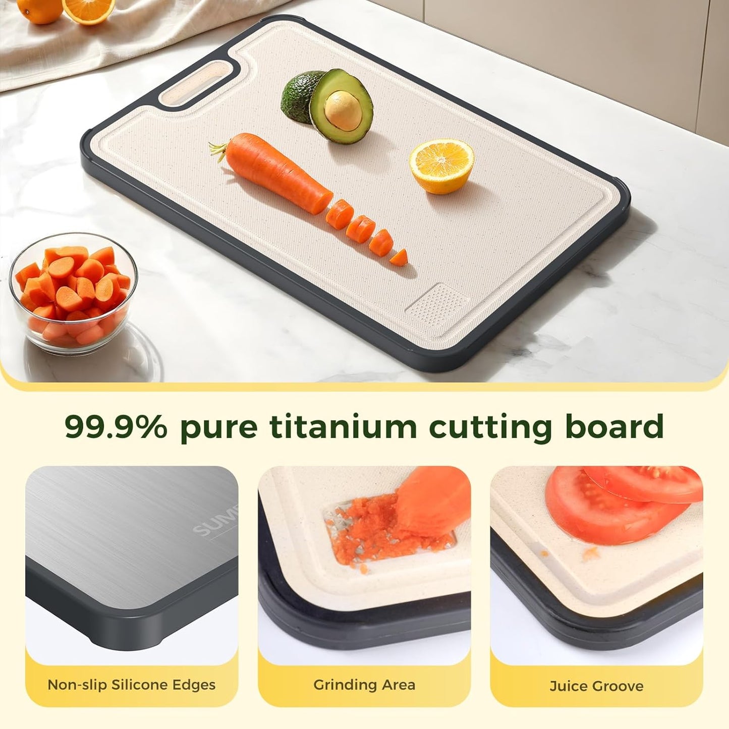Titanium Cutting Board for Kitchen, Cutting Board Double Sided Food Grade, Pure Titanium/PP, Easy to Clean Large Size 15”×10.3”