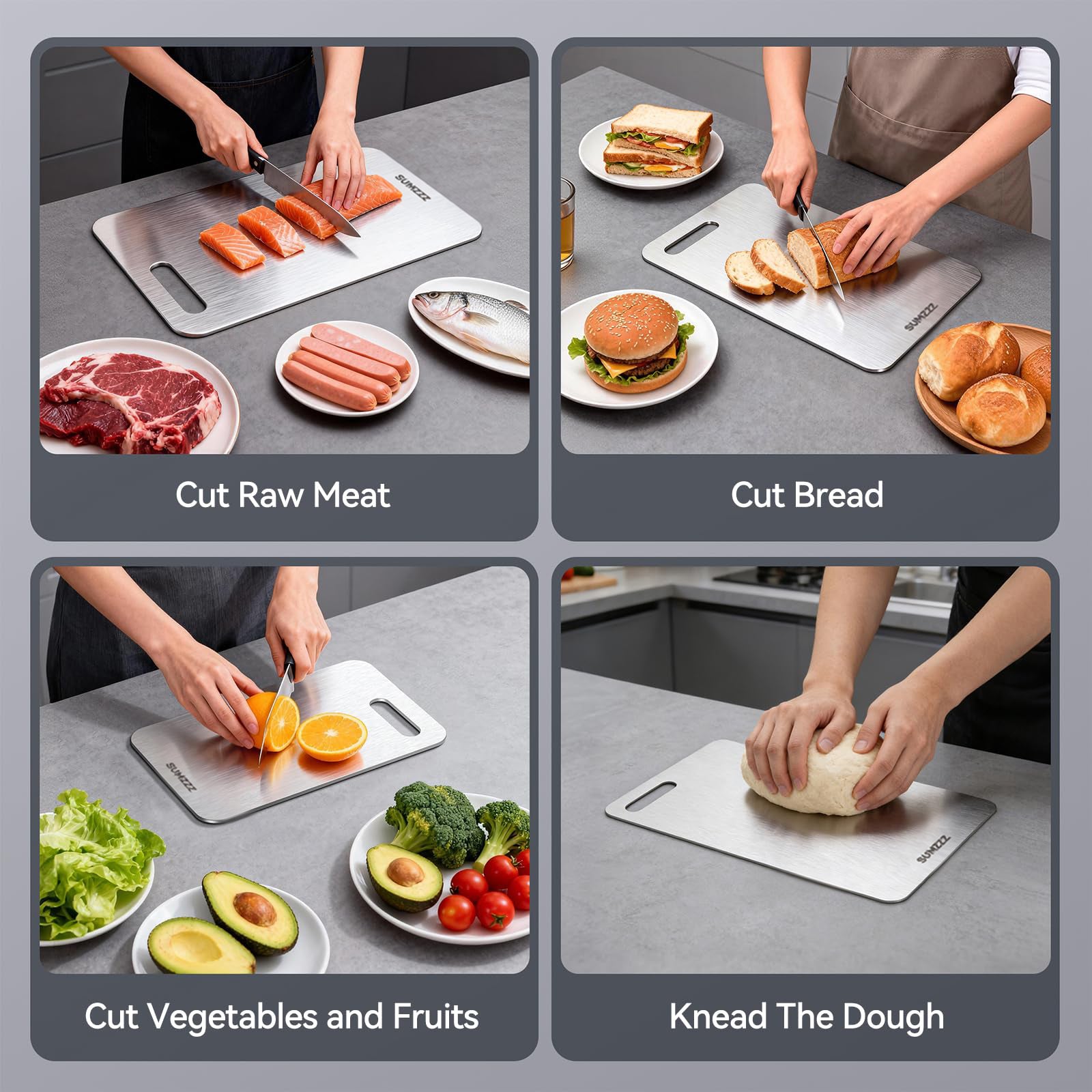 Sumzzz Titanium Cutting Board - versatile use: cut raw meat, bread, vegetables and fruits, knead dough

