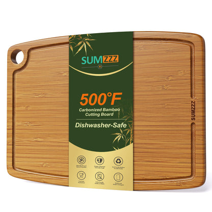 Sumzzz 500°F Carbonized Bamboo Cutting Board - Dishwasher Safe, product overview with packaging