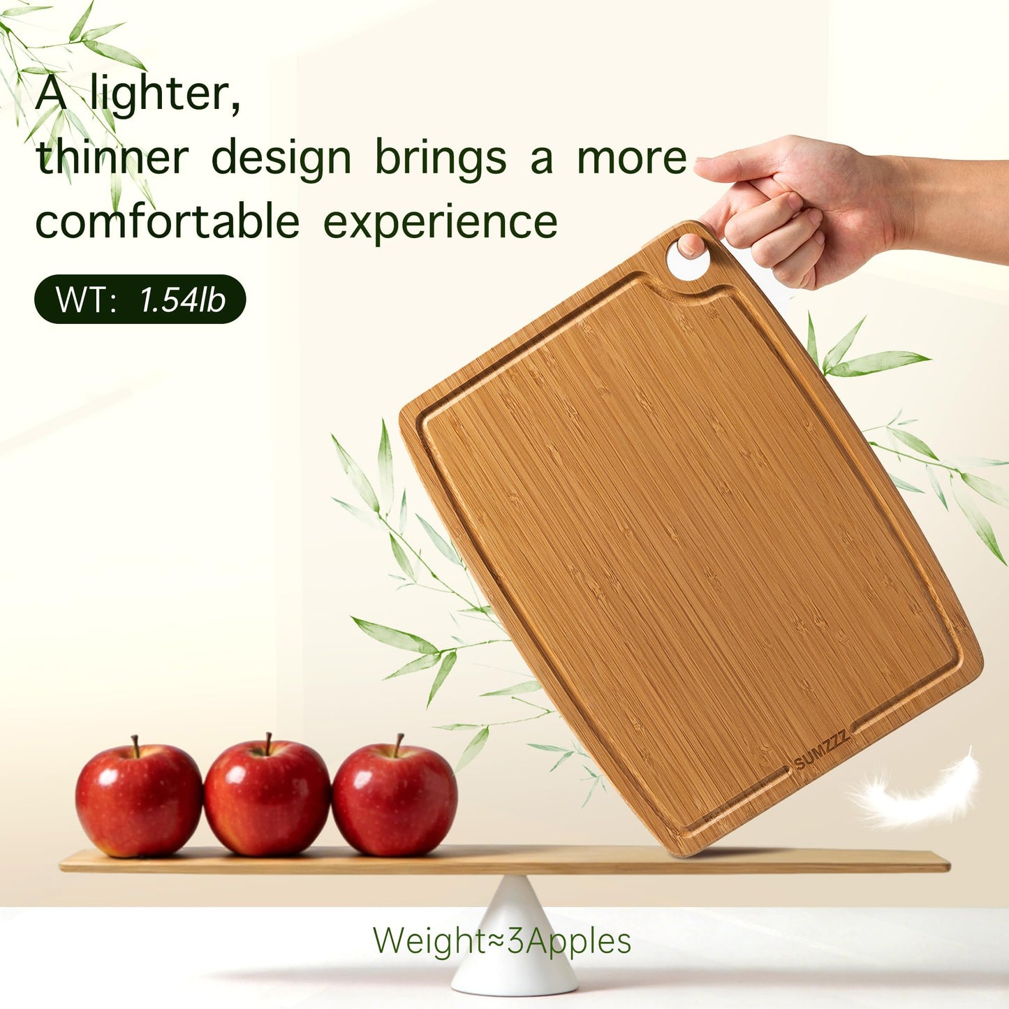 Sumzzz Bamboo Cutting Board - lighter, thinner design at only 1.54lb (weight of 3 apples), comfortable to hold