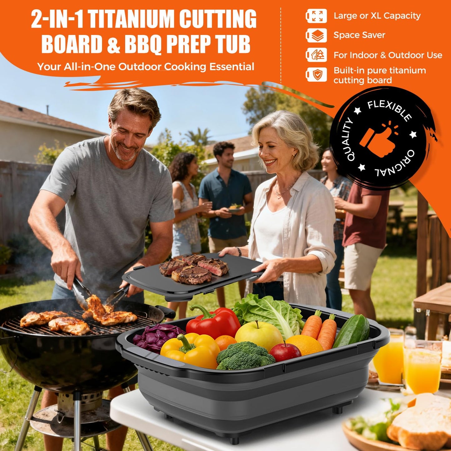 Sumzzz 2-in-1 Titanium Cutting Board & BBQ Prep Tub - large capacity, space saver, indoor & outdoor use, lifestyle BBQ scene