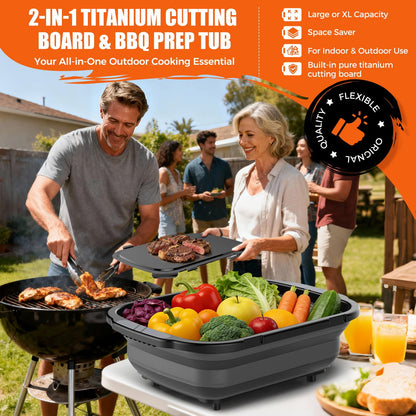 Sumzzz 2-in-1 Titanium Cutting Board & BBQ Prep Tub - large capacity, space saver, indoor & outdoor use, lifestyle BBQ scene