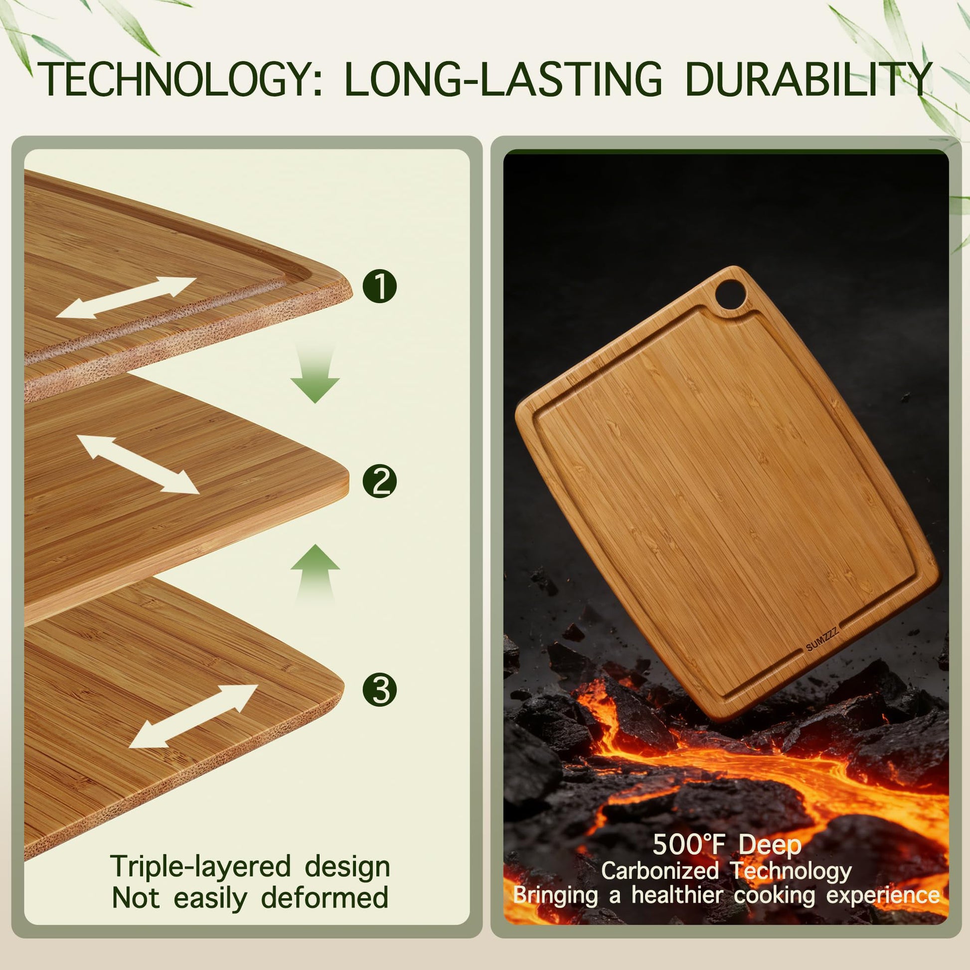 Bamboo Cutting Board - technology for long-lasting durability, warp and crack resistant
