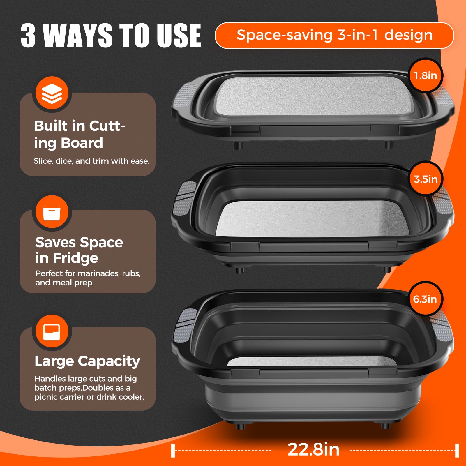 Sumzzz 2-in-1 Titanium Cutting Board & BBQ Prep Tub - space-saving 3-in-1 design, 3 depth options: 1.8in, 3.5in, 6.3in, total length 22.8in
