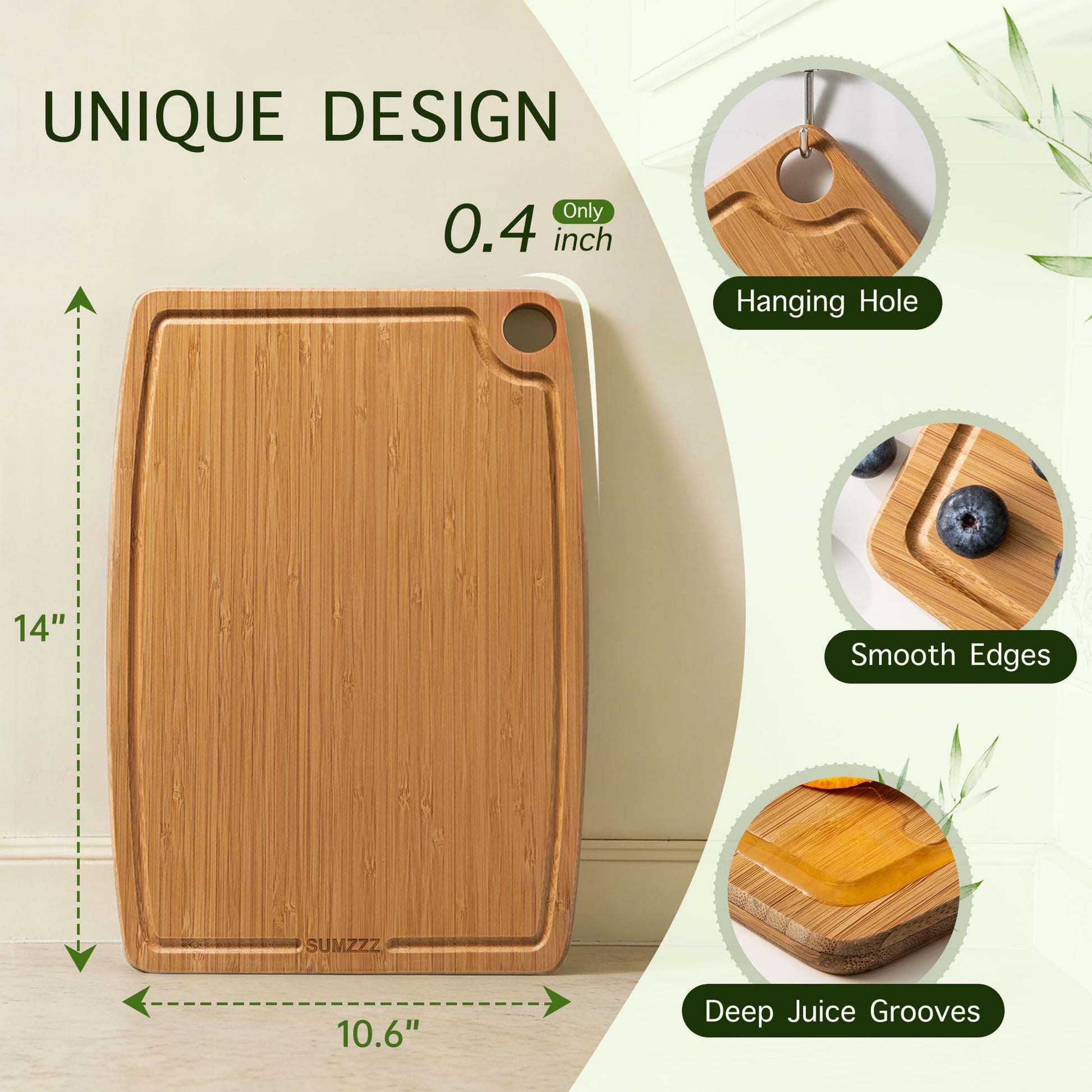 Bamboo Cutting Board - unique design with juice groove and built-in handle
