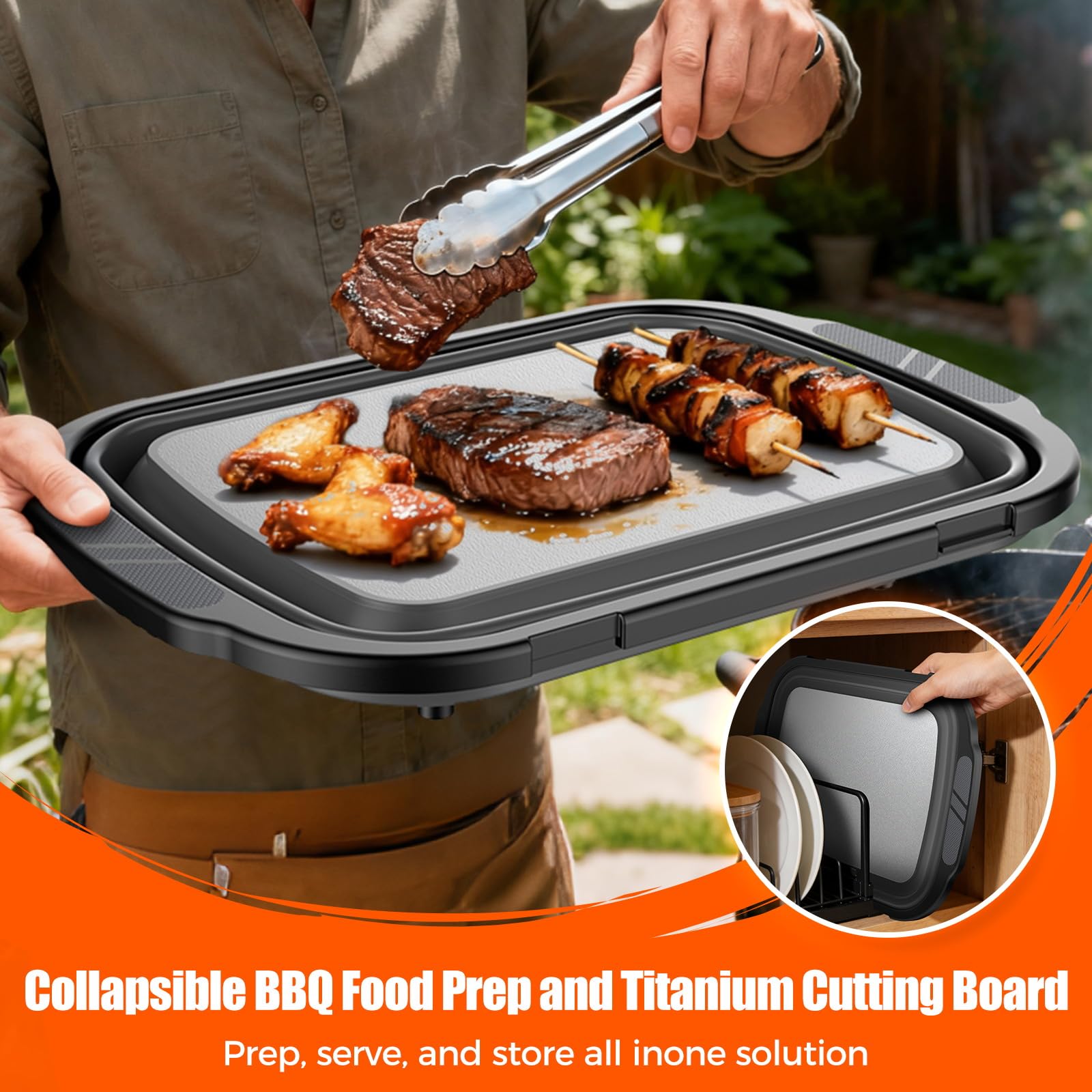 Sumzzz Collapsible BBQ Food Prep Tub with Titanium Cutting Board - prep, serve and store all-in-one, man serving grilled meat and skewers outdoors