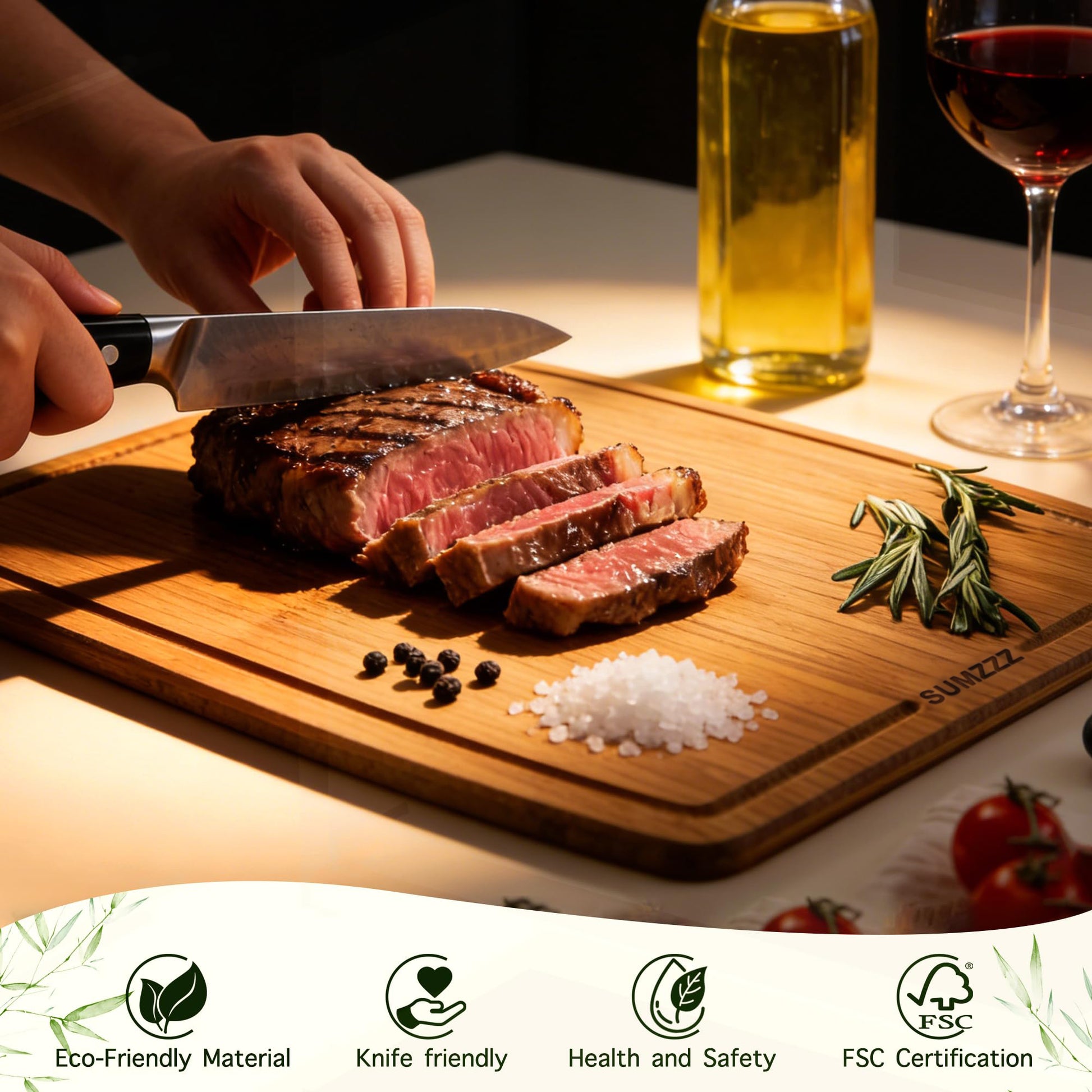 Sumzzz Bamboo Cutting Board - lifestyle shot, food prep with olive oil and fresh ingredients

