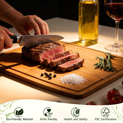 Sumzzz Bamboo Cutting Board - lifestyle shot, food prep with olive oil and fresh ingredients
