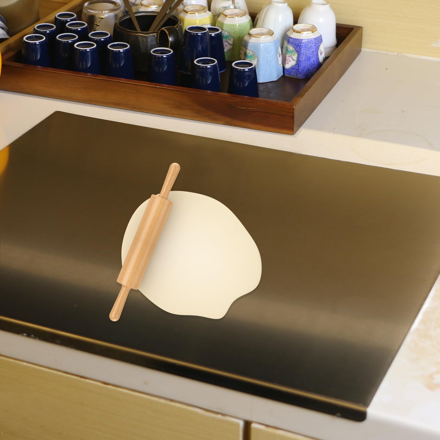 Stainless Steel Cutting Board - L-shape design demonstration, stabilized against countertop edge
