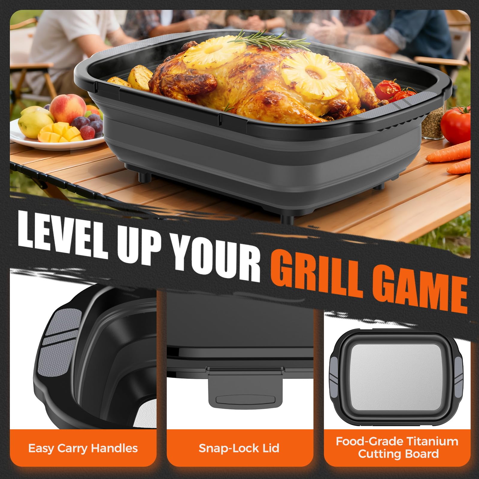Sumzzz Collapsible BBQ Prep Tub with Titanium Cutting Board - easy carry handles, snap-lock lid, food-grade titanium cutting board, whole roasted chicken in tub outdoors