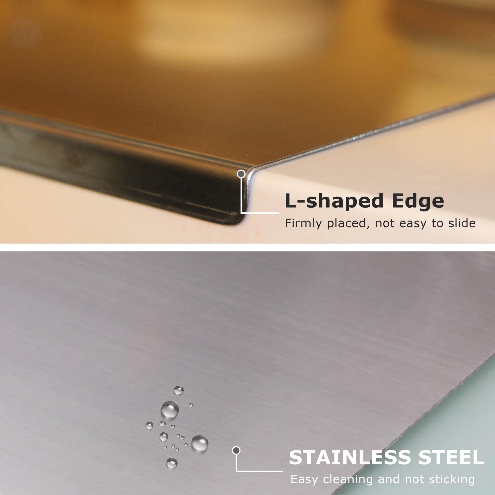 Sumzzz Stainless Steel Cutting Board - L-shape edge design fits perfectly against kitchen countertop
