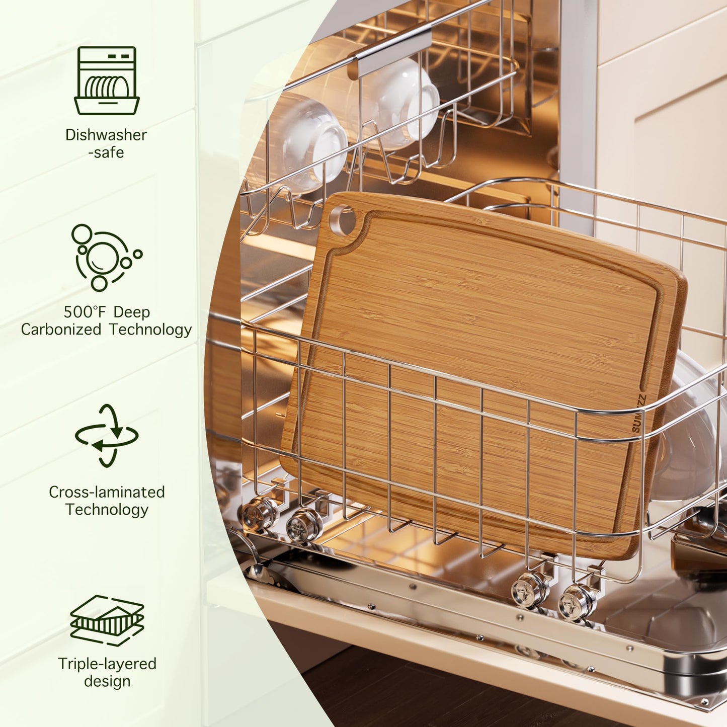 Sumzzz Bamboo Cutting Board - dishwasher safe, 500°F deep carbonized technology, cross-laminated, triple-layered design