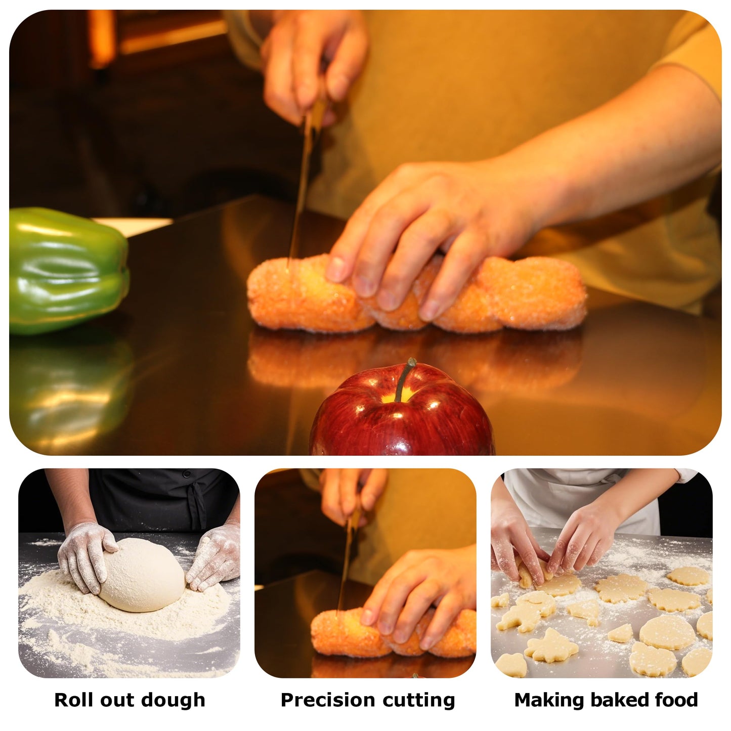 Stainless Steel Cutting Board in use - cutting vegetables and fruits, safe and healthy cooking
