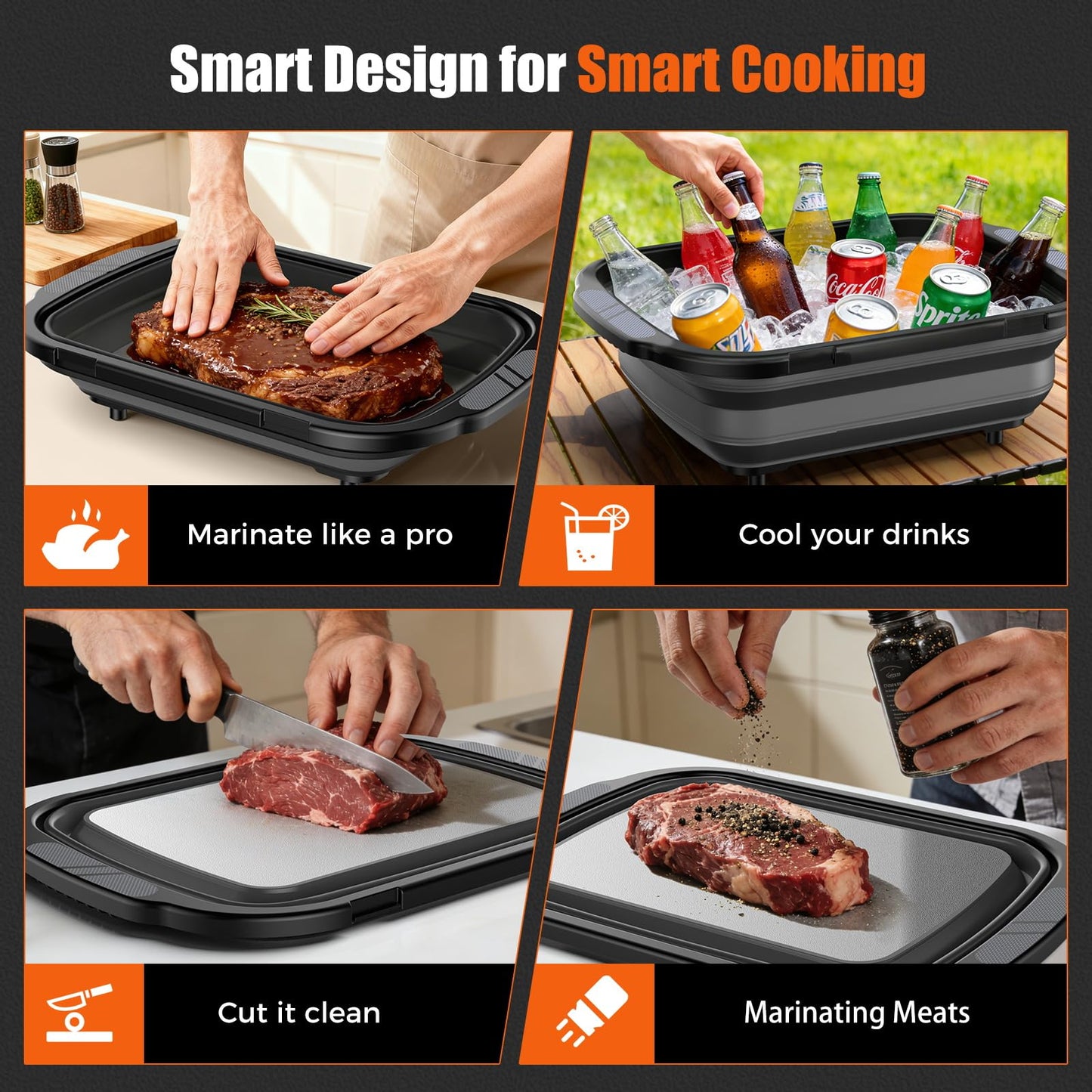 Sumzzz 2-in-1 Titanium Cutting Board & BBQ Prep Tub - marinate like a pro, cool your drinks, cut it clean, marinating meats - 4 versatile uses