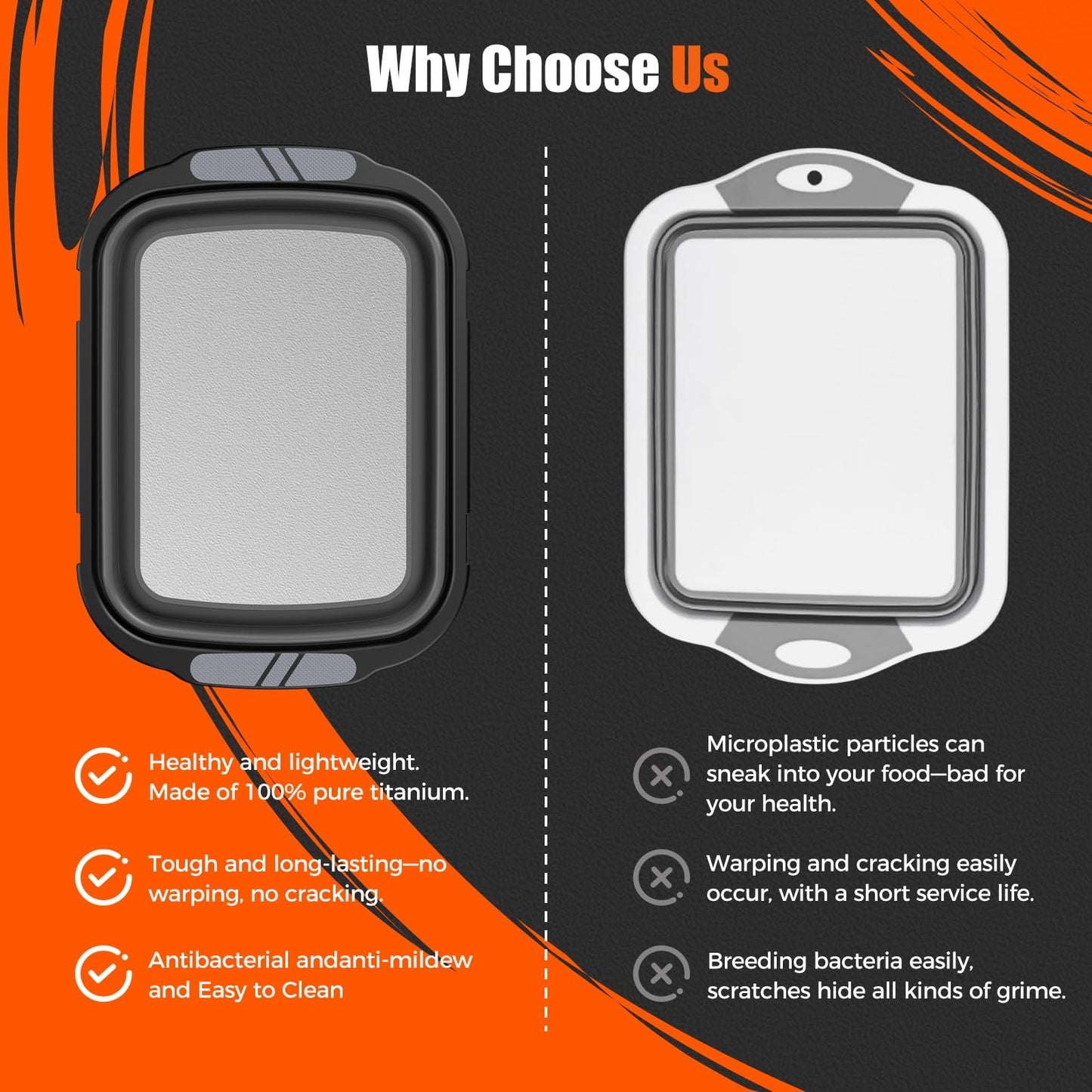 Sumzzz Titanium Cutting Board vs plastic board - 100% pure titanium, no warping, antibacterial and easy to clean, comparison chart