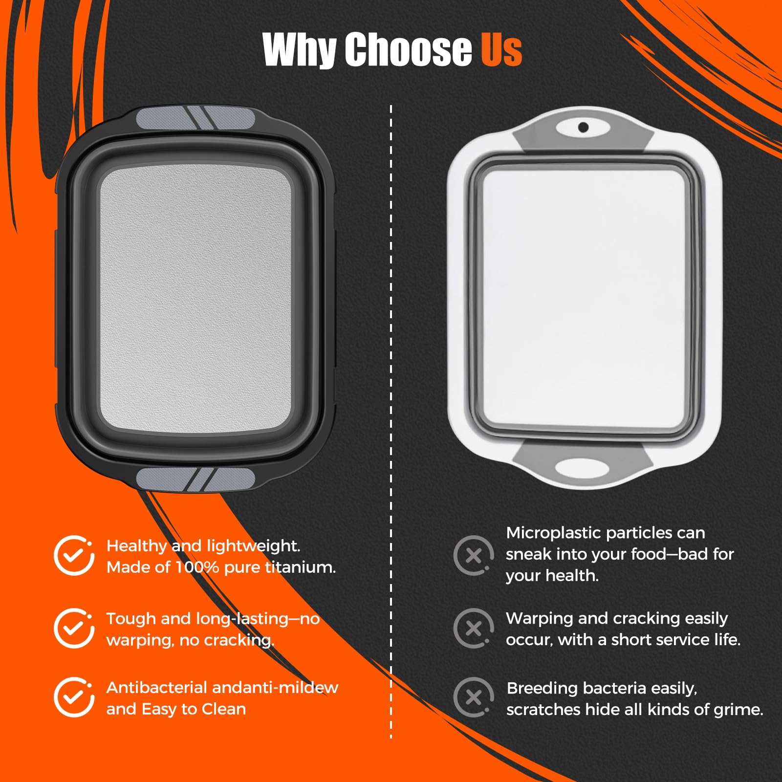 Sumzzz Titanium Cutting Board vs plastic board - 100% pure titanium, no warping, antibacterial and easy to clean, comparison chart